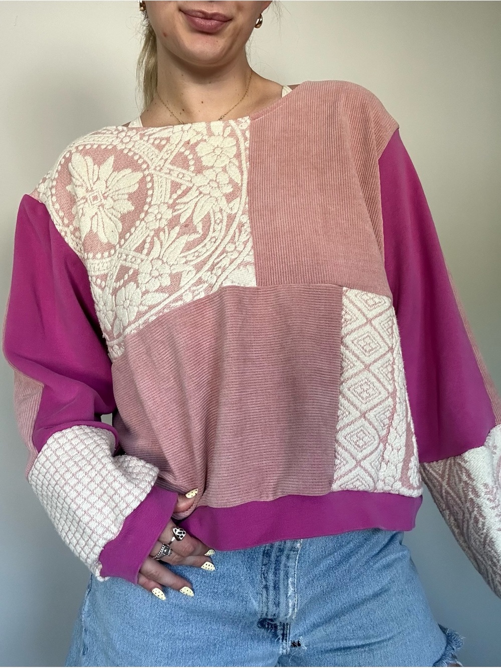 Handmade Patchwork Pink Women’s Crewneck Sweatshirt